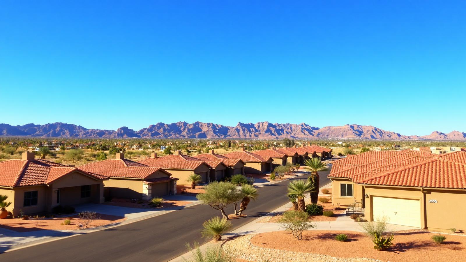 Las Vegas neighborhood with residential roofs and desert mountains